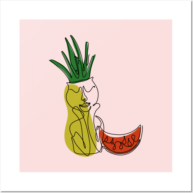One line art style potted aloe plant and watermelon Wall Art by DanielK